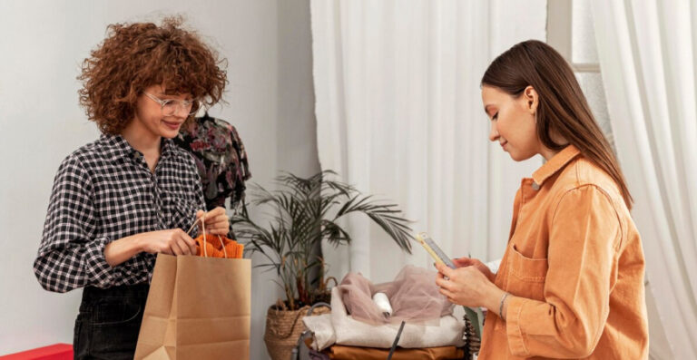 Dia do Cliente como vender mais — vendedora entregando sacola para cliente em loja, representando atendimento e fidelização